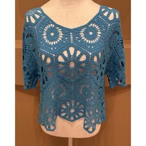 Rebellion Blue Lace Crochet Short Sleeve Crop Top Cotton Size XL